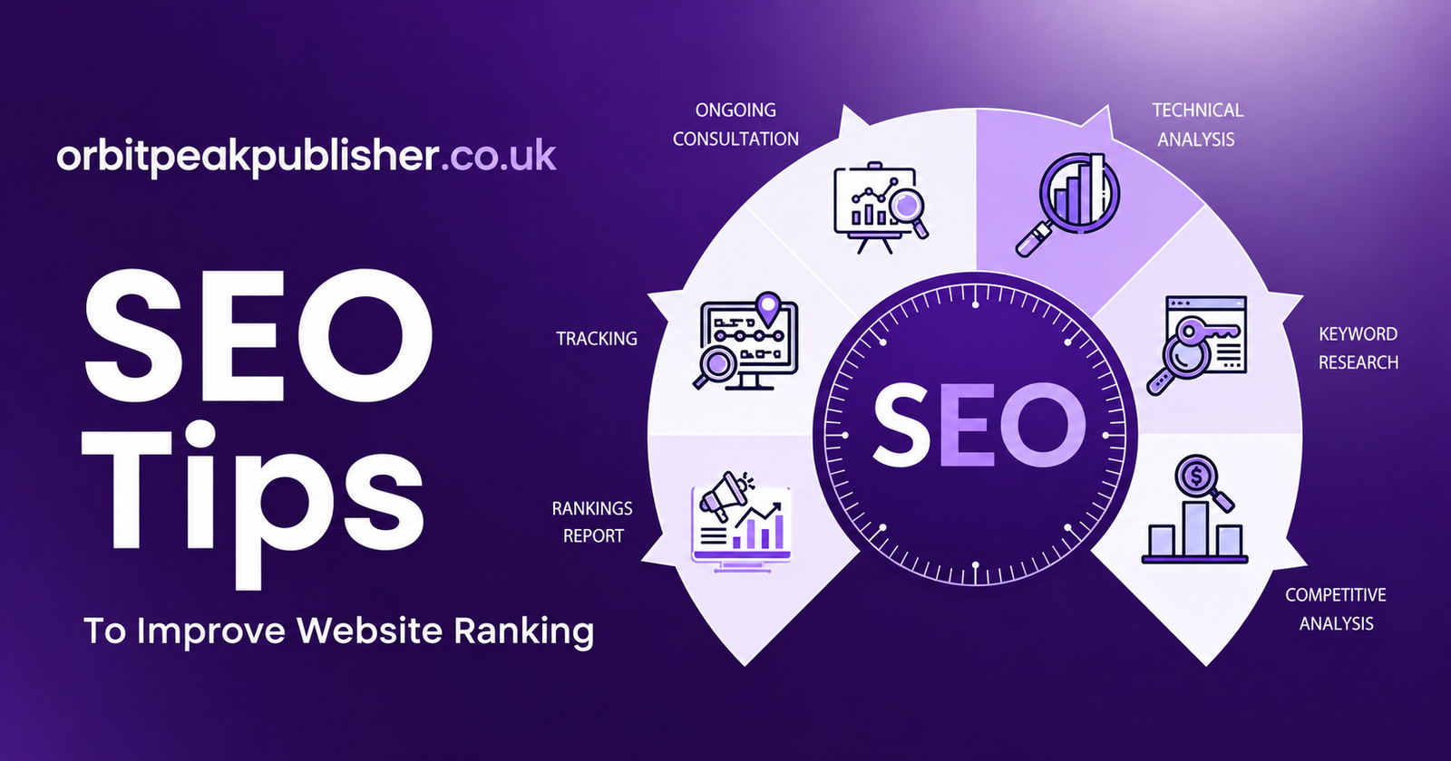 SEO tips infographic showing 6 steps to improve website ranking