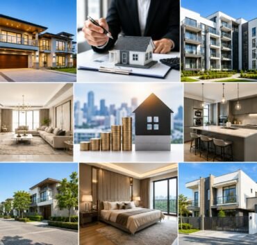 Collage of 9 real estate images showing modern houses, apartments, interior design, property investment, and budget planning