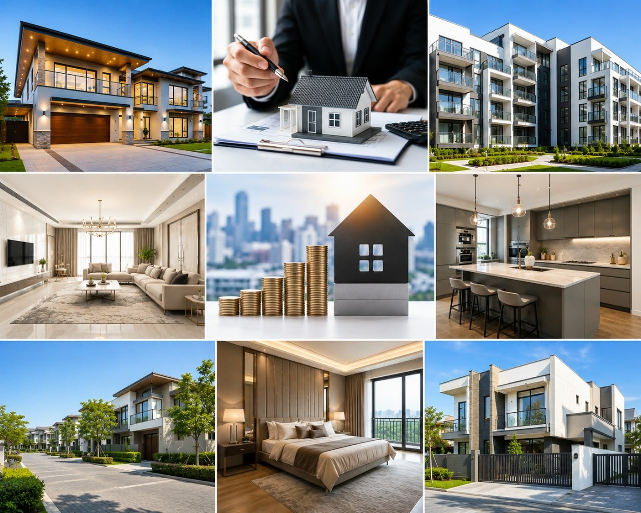 Collage of 9 real estate images showing modern houses, apartments, interior design, property investment, and budget planning